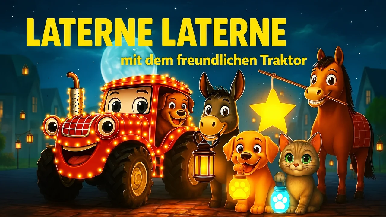 Der freundliche Traktor fährt bei einem bunten Laternenumzug mit