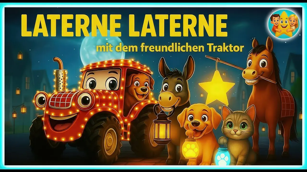 Der freundliche Traktor fährt bei einem bunten Laternenumzug mit